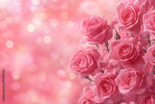 border of pink rose flowers on pink bokeh background