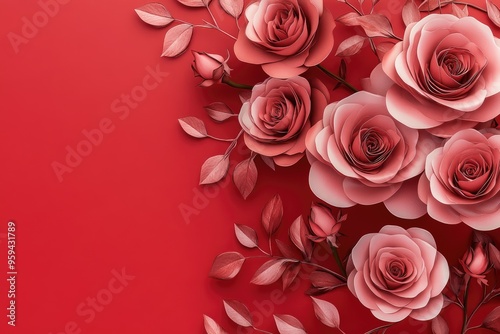 Floral wedding or Valentine card of pink roses on red background