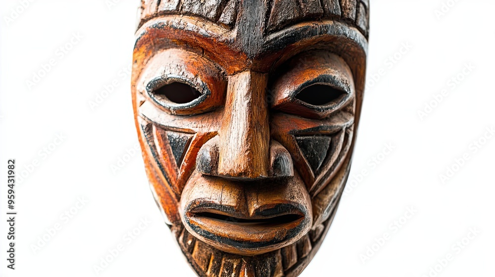 Carved Wooden Mask with Intricate Details and Geometric Patterns Carved Wooden Mask with Intricate Details and Geometric Patterns