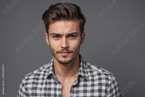 Close-up of young man in plaid shirt with determined expression