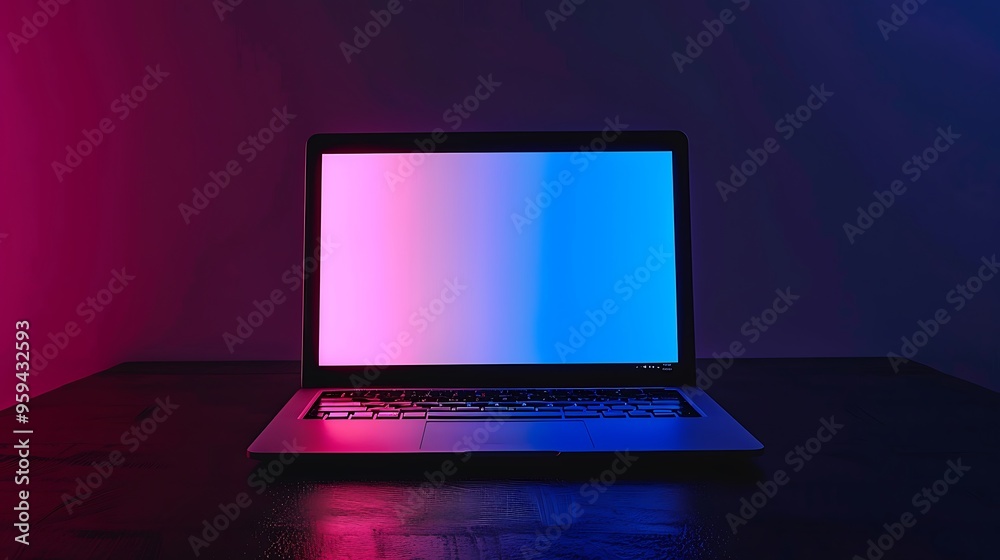Laptop computer with blue pink lighting and blank screen place on dark background Laptop computer with blue pink lighting and blank screen place on dark background