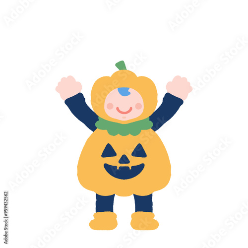ハロウィンの仮装[ジャック・オ・ランタン]をする赤ちゃんのフラットなイラスト
