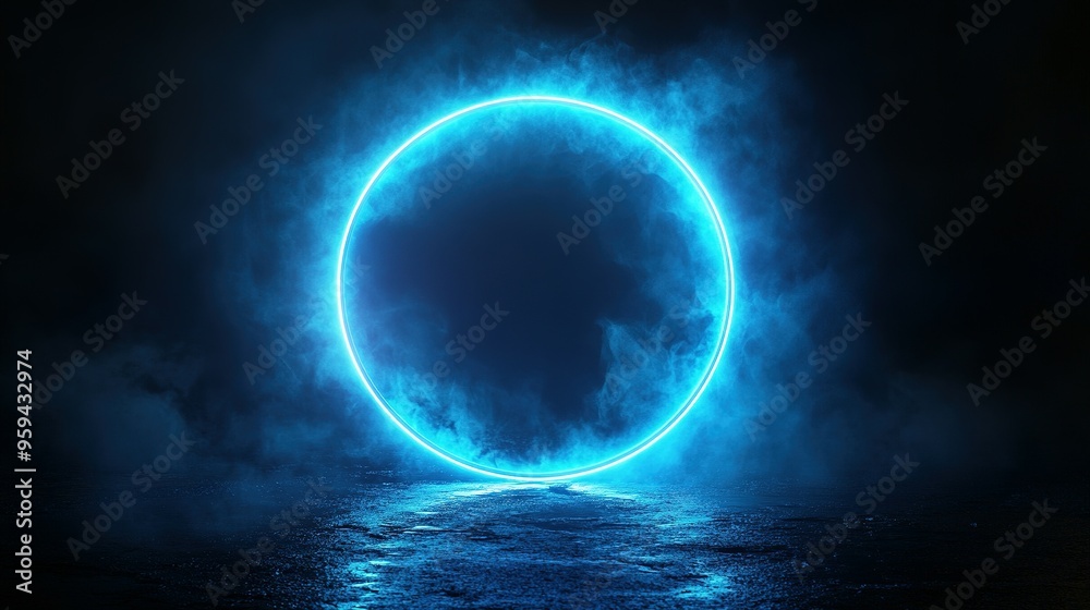 Fototapeta premium Glowing Blue Circle in Foggy Night