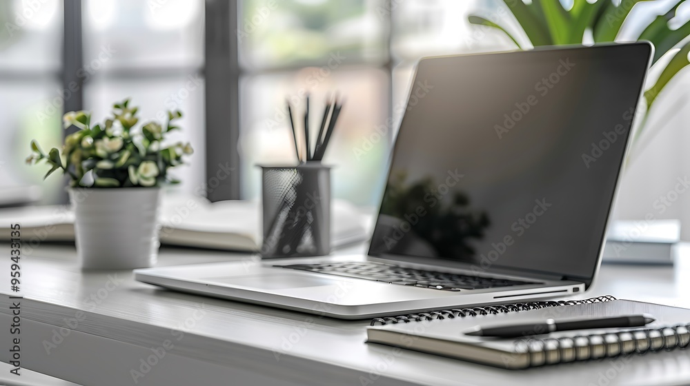 Laptop with pen and spiral notebook on desk Laptop with pen and spiral notebook on desk