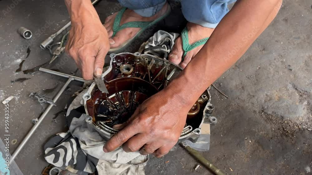 a mechanic is removing a gasket attached to the engine block using a cutter blade