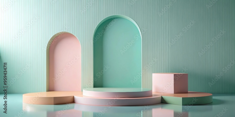Scene with geometrical forms, arch with a podium in pastel colors, minimal background, pastel platform, render Scene with geometrical forms, arch with a podium in pastel colors, minimal background, pastel platform, render