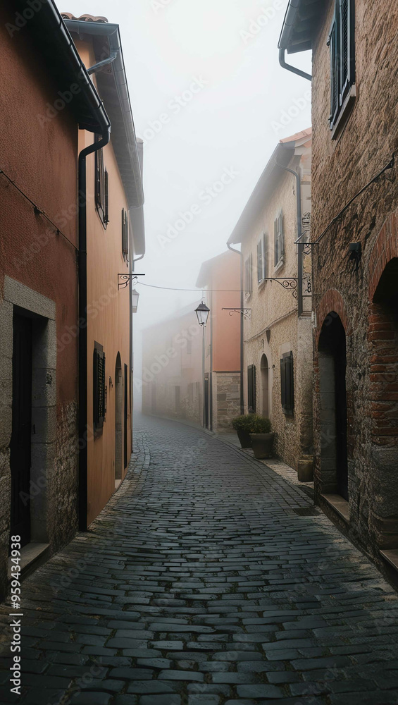 Obraz premium fog creeping through narrow village streets background art design backdrop