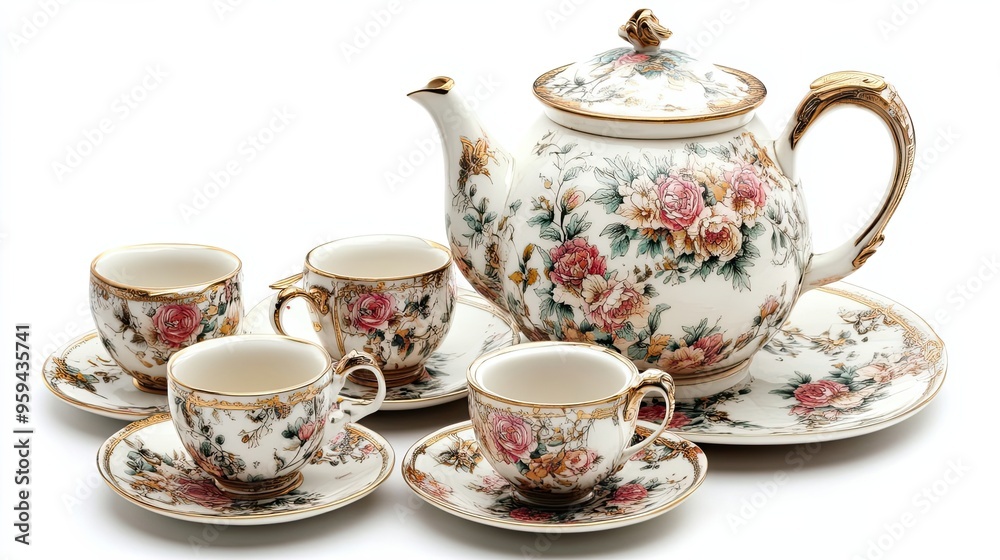 Porcelain Tea Set with Floral Design and Gold Accents Porcelain Tea Set with Floral Design and Gold Accents