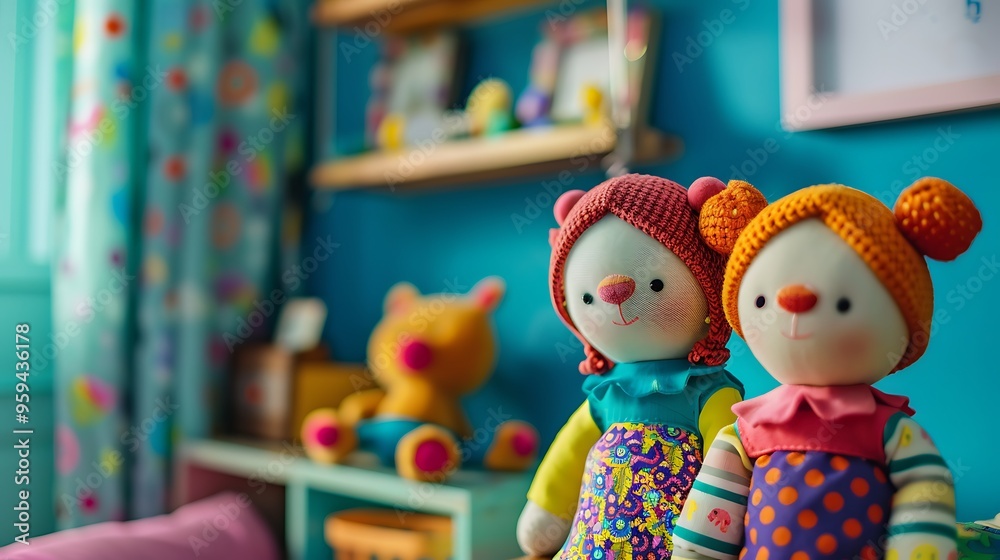 Little cute colorful dolls in kids bedroom at home Little cute colorful dolls in kids bedroom at home