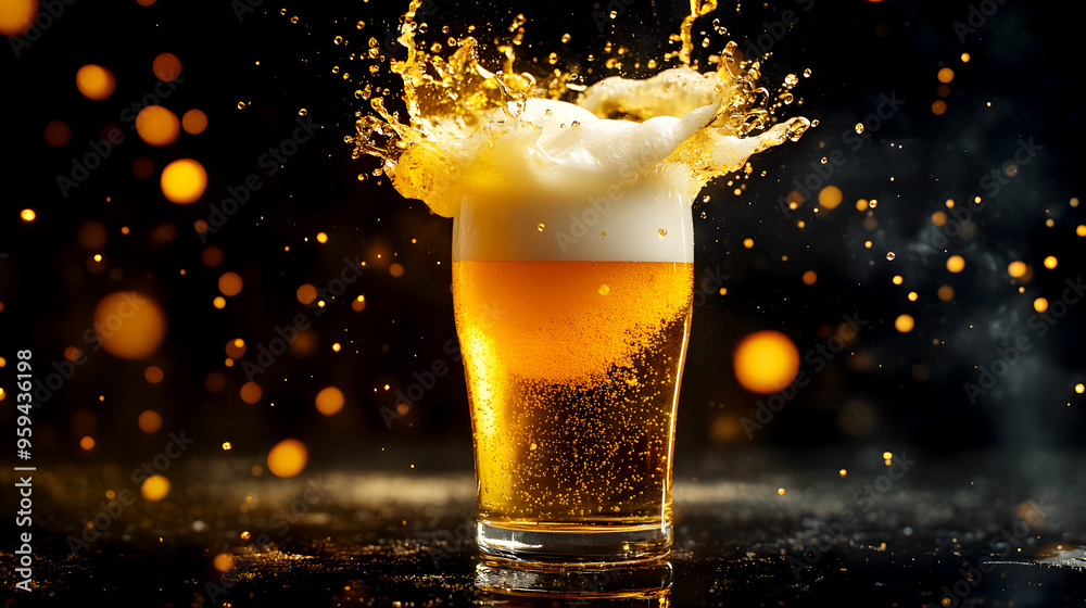 beer glass overflowing with a golden splash, the frothy liquid bursting out with energy against a dark background beer glass overflowing with a golden splash, the frothy liquid bursting out with energy against a dark background