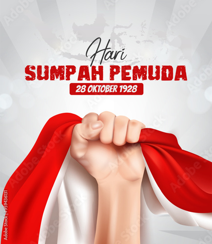 sumpah pemuda Indonesia youth pledge banner poster flyer flag waving in hand fist vector