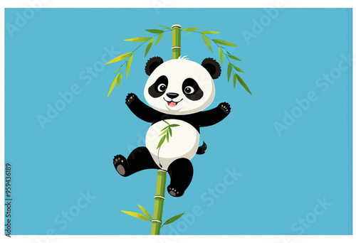 Cheerful Panda Climbing Bamboo Stalk