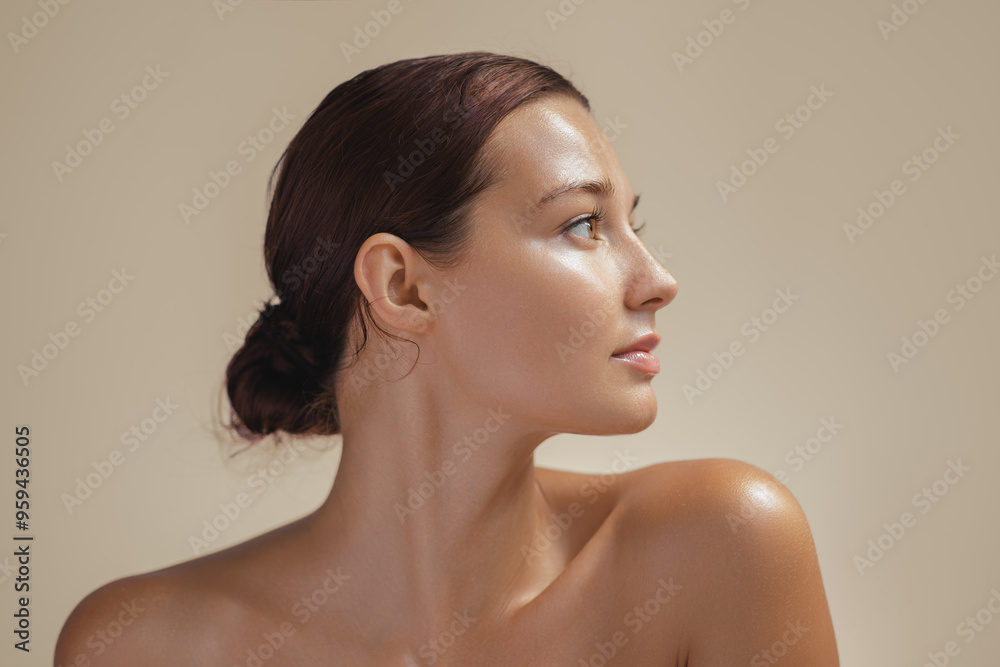 Elegant Side View of Woman with Glowing Skin in Minimalist Beauty Portrait