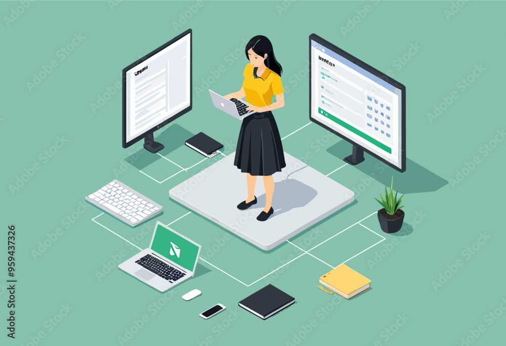 Digital Workspace: A Woman in a Yellow Shirt Using a Laptop and Monitors in a Modern Office Setting Digital Workspace: A Woman in a Yellow Shirt Using a Laptop and Monitors in a Modern Office Setting