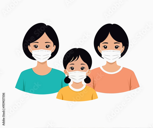 Family of three wearing face masks