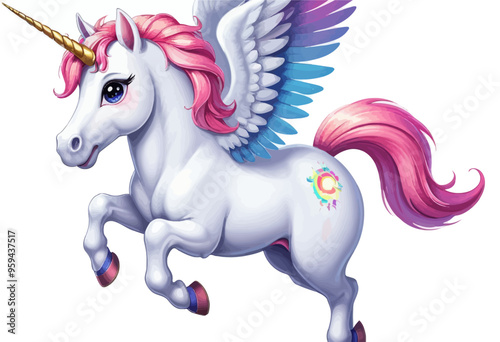 Fantasy Unicorn with Pink Hair and Blue Wings