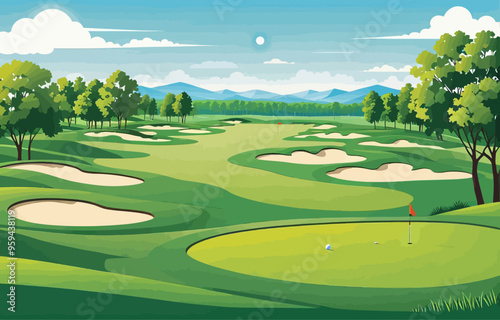Golf Course Scenery with Green Grass and Sand Traps