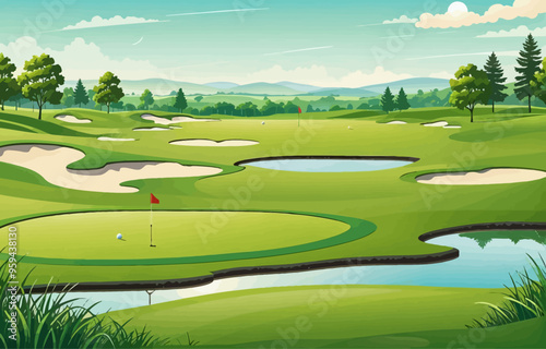 Golf Course Scenery with Water Hole and Trees