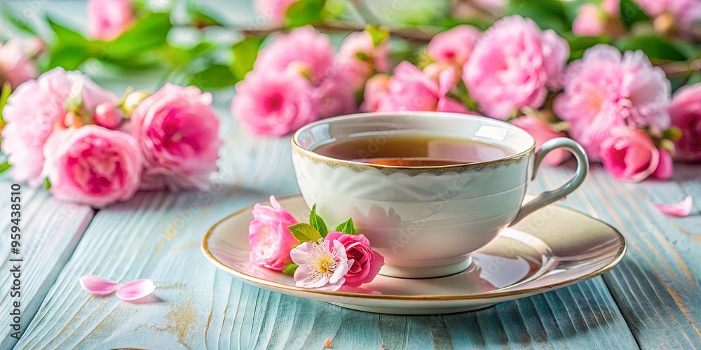 A cup of tea on a saucer with pink flowers on a table A cup of tea on a saucer with pink flowers on a table