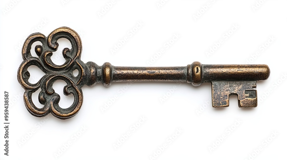 Ornate Antique Brass Key Isolated on White Background Ornate Antique Brass Key Isolated on White Background