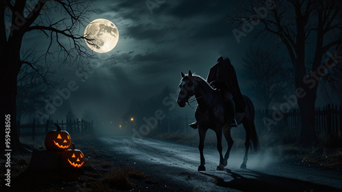 The headless horseman rides through a deserted, moonlit road, his imposing figure silhouetted against the full moon. He holds a glowing, carved pumpkin head aloft in one hand,