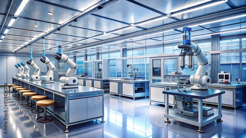 Sterile biotechnology lab with robotic systems handling genetic samples, futuristic research