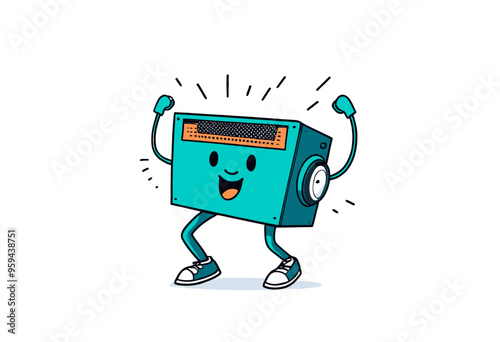 Joyful, anthropomorphic electronic device dancing with sparks and sound waves