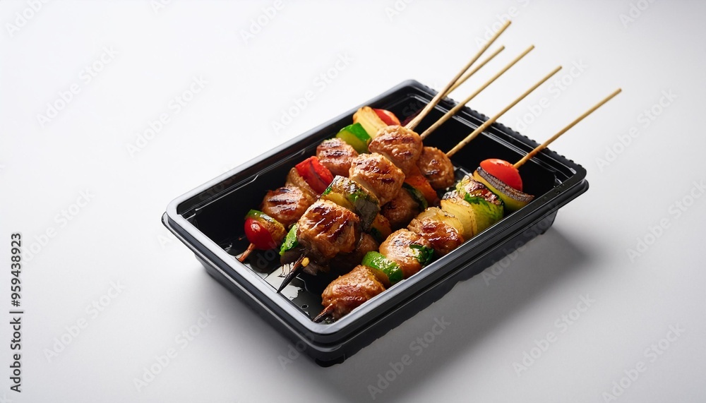 Yakitori in bento box with white background isolated