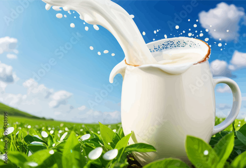 Milk pouring from a white mug into a green field with white flowers