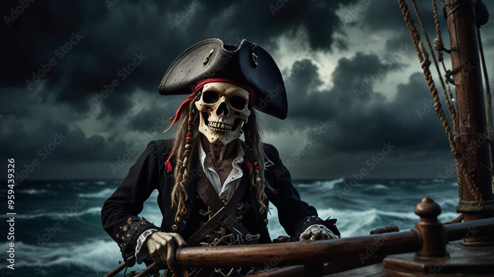 Fototapeta premium A skeleton pirate with an eye patch stands at the helm of a ghostly pirate ship, steering through dark, stormy seas. The pirate’s bony fingers grip the weathered wheel, 