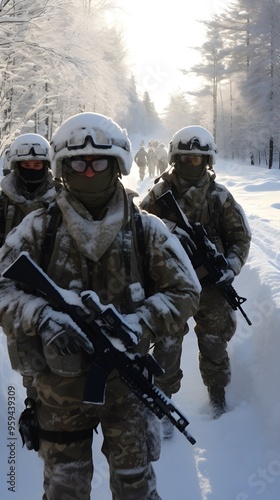 Snow Covered Soldiers Walking Through Snowy Forest