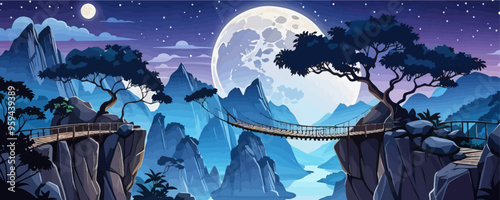 Nighttime Mountain Bridge: A Suspenseful Cliffside Walkway