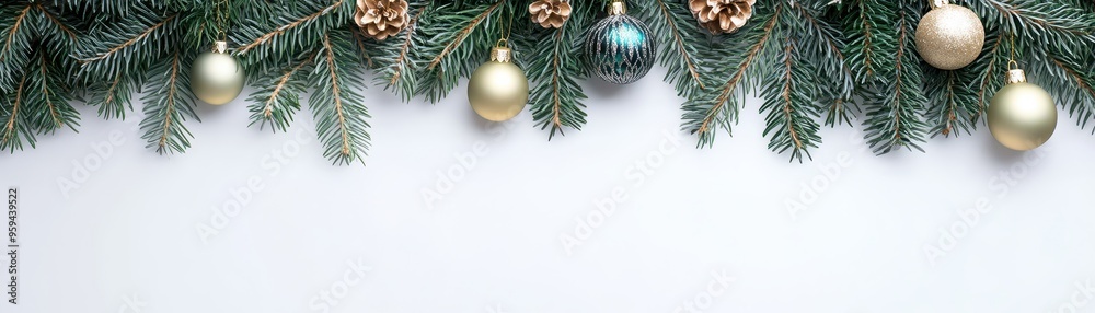 Elegant Christmas background featuring pine branches and festive ornaments, perfect for holiday designs and seasonal decor. Elegant Christmas background featuring pine branches and festive ornaments, perfect for holiday designs and seasonal decor.