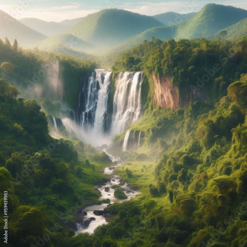 High waterfall in dense forest with a clear blue sky above