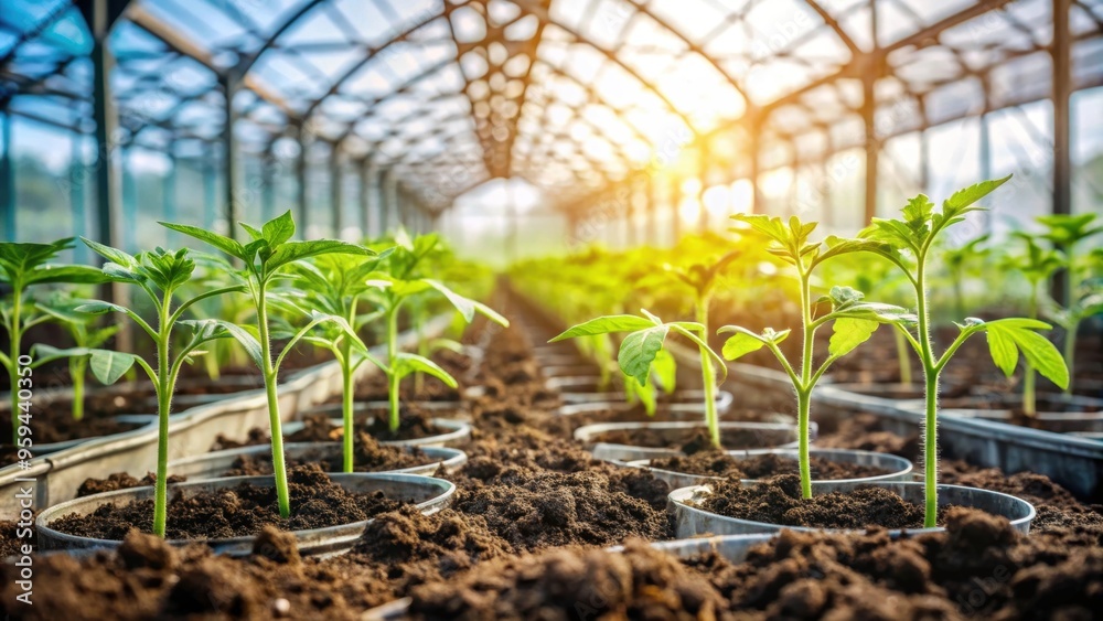 Tomato seedlings planted in a greenhouse in spring , tomatoes, seedlings, greenhouse, planting, agriculture, growth Tomato seedlings planted in a greenhouse in spring , tomatoes, seedlings, greenhouse, planting, agriculture, growth