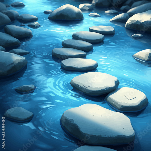 Rippling Rocky Shore: A Serene Blue Water Scene with Rocks and Sunlight Reflections
