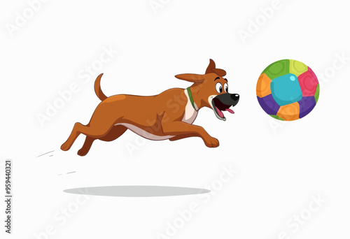 Running Dog Chasing Colorful Ball