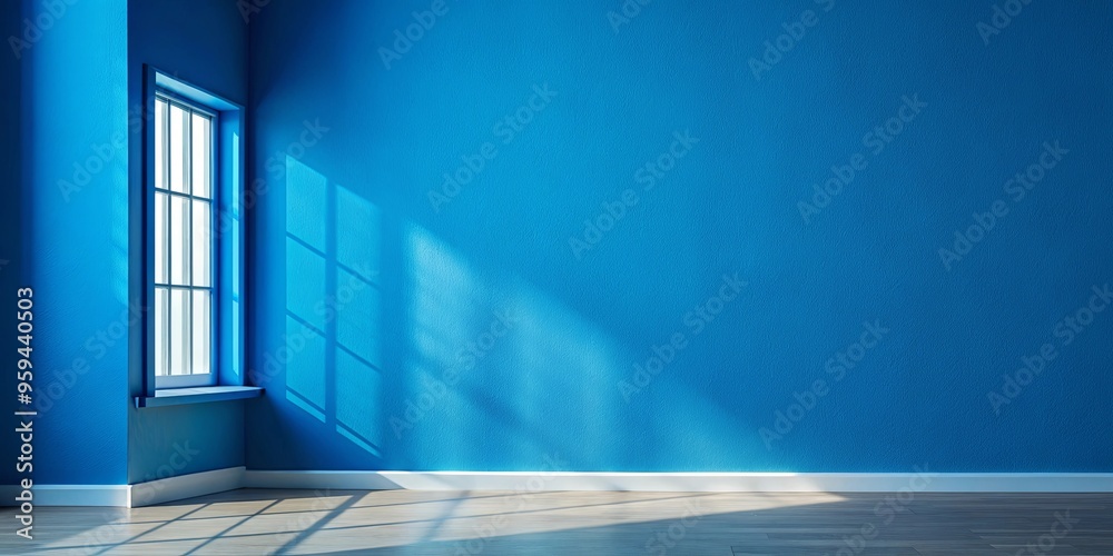 Obraz premium Minimalist blue wall with prominent shadow of window, empty painting