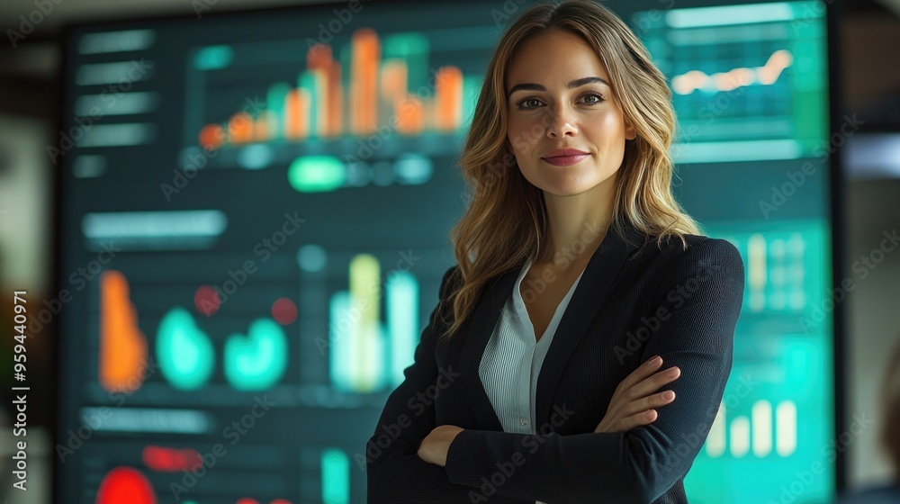 Confident Businesswoman Analyzing Data with Modern Digital Dashboard in Office Confident Businesswoman Analyzing Data with Modern Digital Dashboard in Office