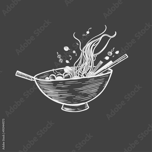 Stylish Black and White Bowl of Noodles with Chopsticks and Splashing Sauce