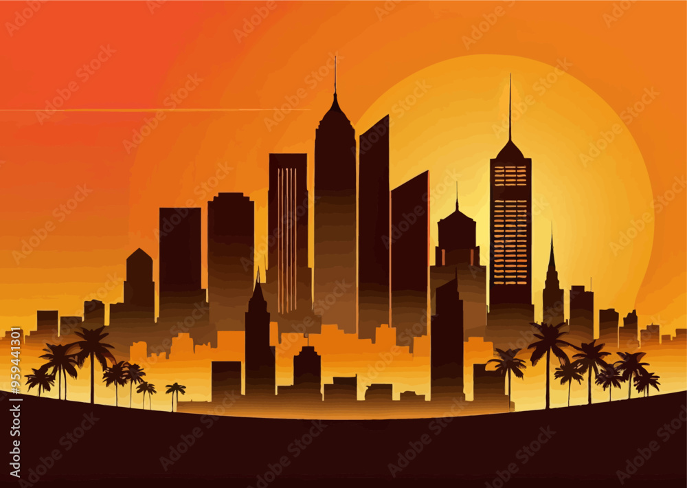 Sunset Silhouette of a City Skyline with Palm Trees Sunset Silhouette of a City Skyline with Palm Trees
