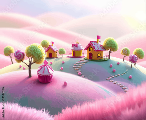 Surreal Fantasy Landscape with Pink and Yellow Houses and Trees