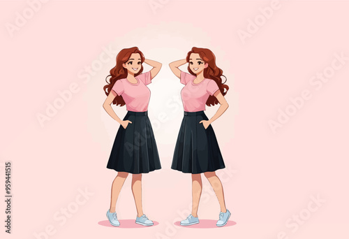 Two women in pink shirts and black skirts, posing with hands on hips, smiling, and wearing blue sneakers against a pink background