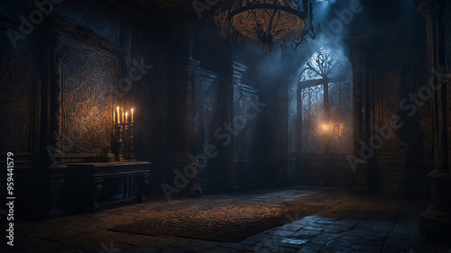 old interior with dark gothic castle, old castle with a wooden lamp