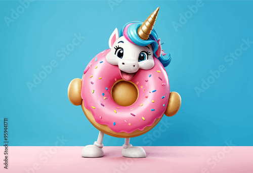 Unicorn-shaped Donut with Pink Glaze and Sprinkles, Standing on Pink Surface