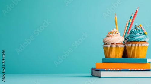 Cupcakes with a back-to-school motif and pencil and book embellishments photo