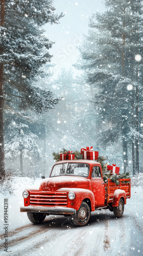 Vintage Red Truck Carrying Christmas Gifts in Snowy Winter Forest Landscape