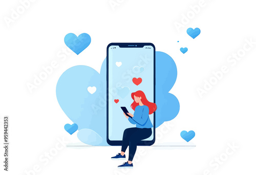 Woman with red hair using a smartphone, surrounded by hearts and blue cloud-like shapes