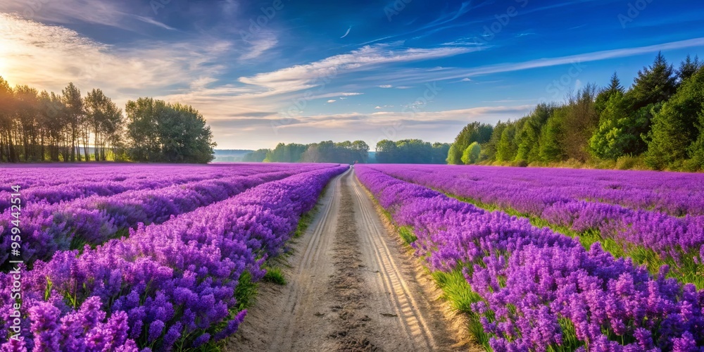 Fototapeta premium Beautiful purple flower field with a dirt path leading to trees in the distance