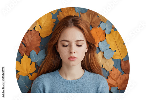 Young Woman with Red Hair Sleeping with Leaves